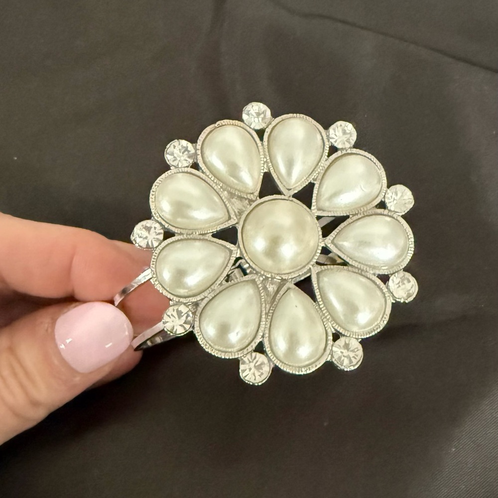 Elegant Silver and Pearl Flower Bangle Bracelet